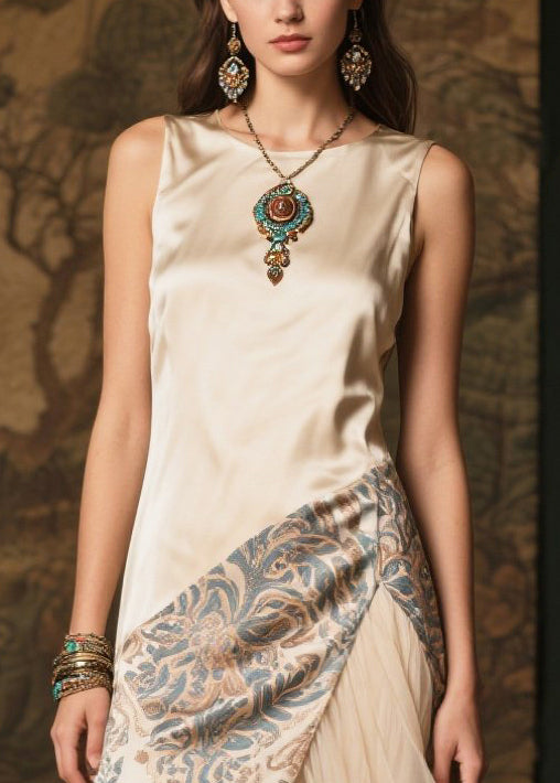 Modern Champagne Print Patchwork Tulle Silk Robe Dresses Summer