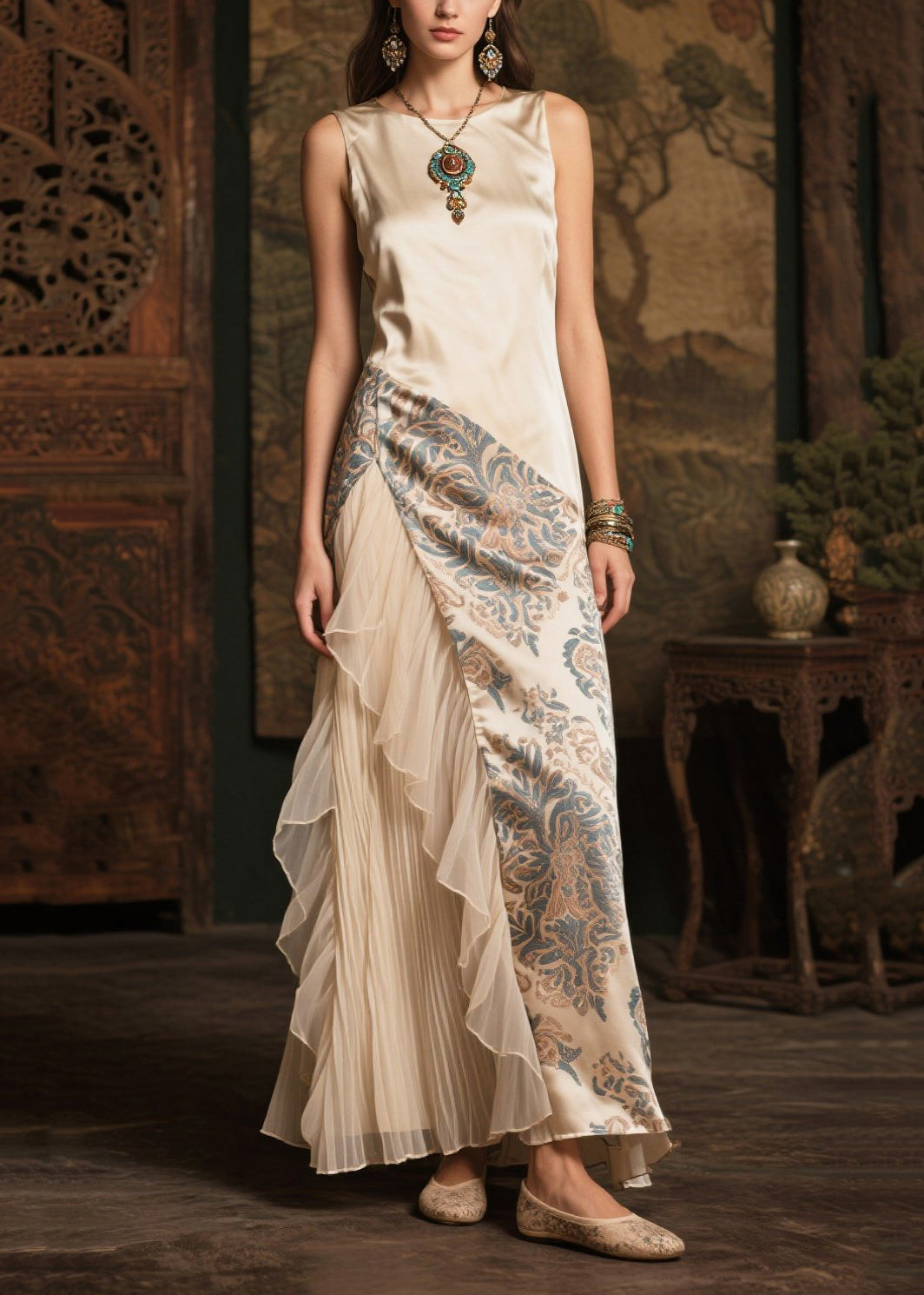 Modern Champagne Print Patchwork Tulle Silk Robe Dresses Summer