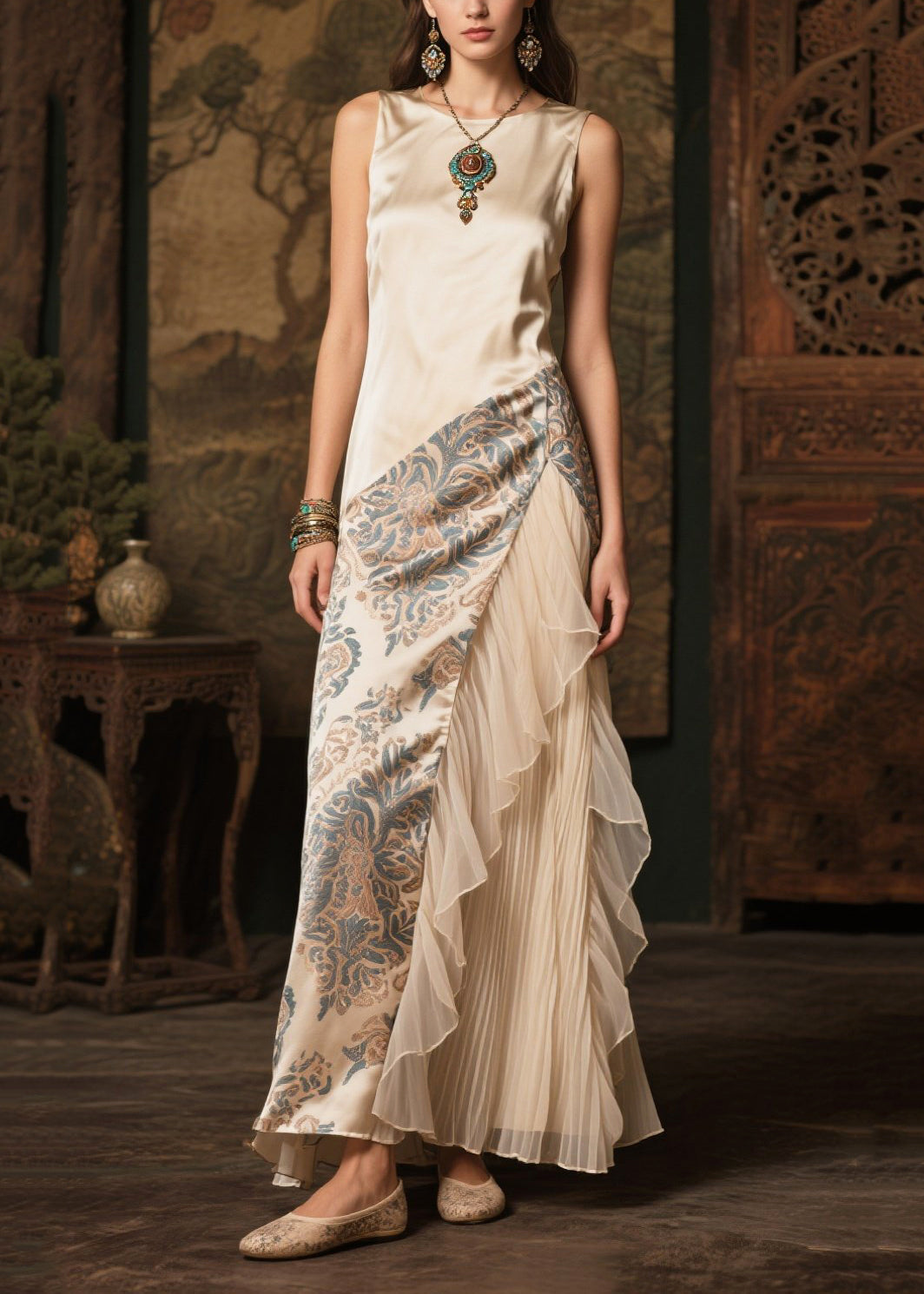 Modern Champagne Print Patchwork Tulle Silk Robe Dresses Summer