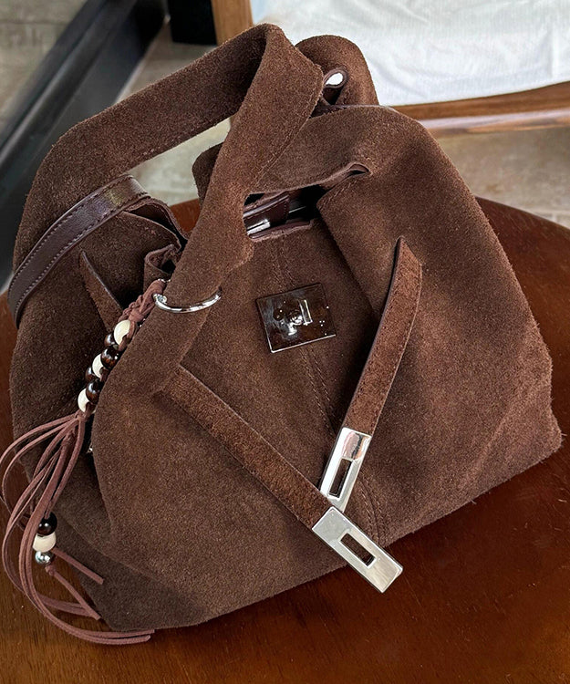 Modern Chocolate Durable Calf Leather Bucket Bag