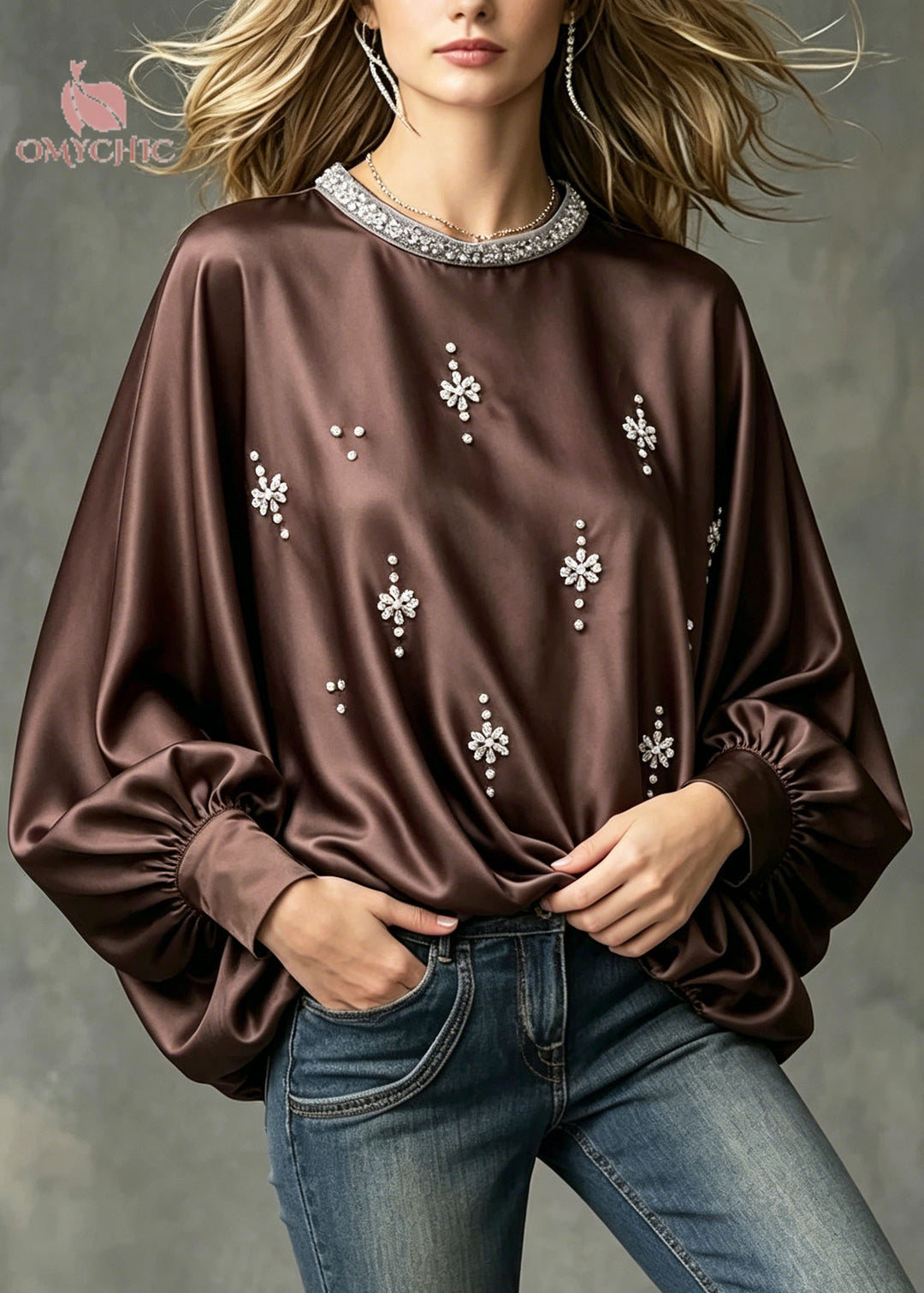 Modern Chocolate Oversized Zircon Silk Blouses Batwing Sleeve