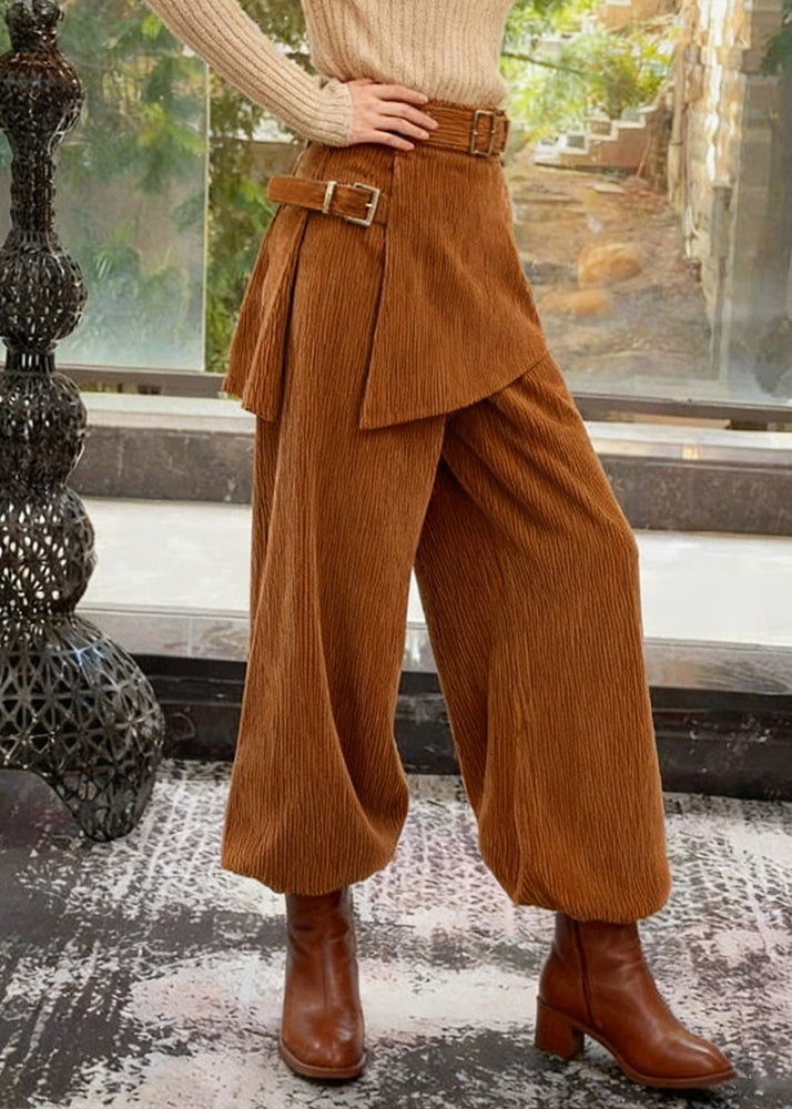 Modern Coffee Asymmetrical Solid Corduroy Pants Winter