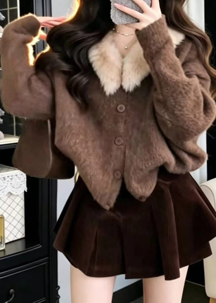 Modern Coffee Furry Collar Knit Cardigan And Skirt Two Piece Set Fall