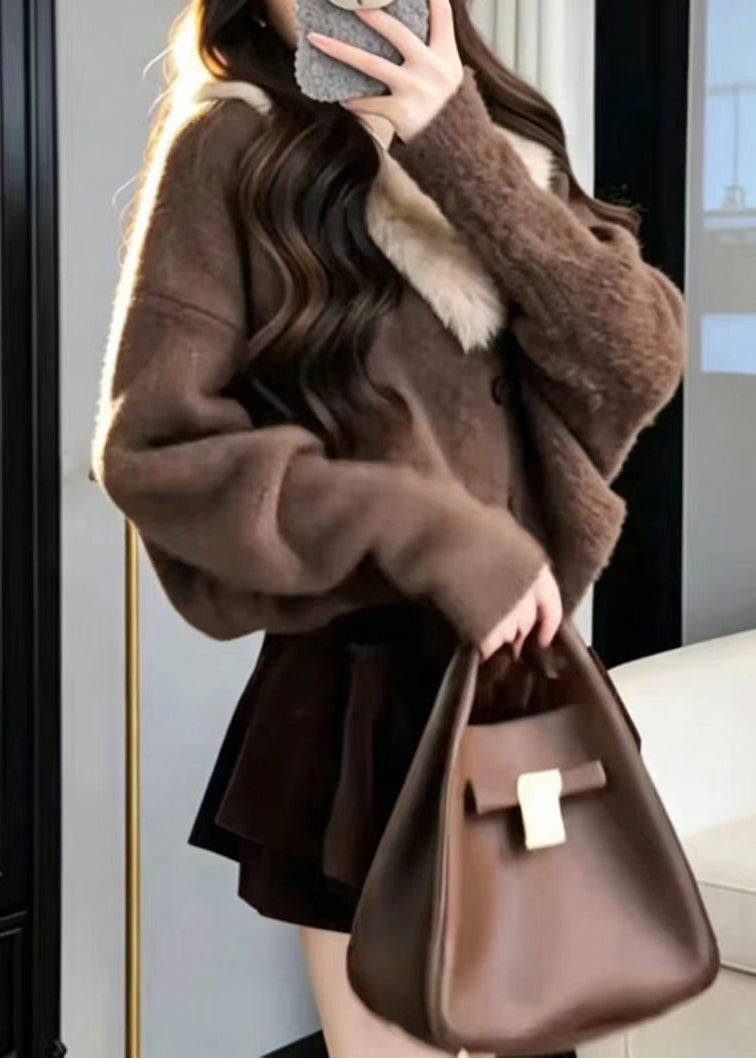 Modern Coffee Furry Collar Knit Cardigan And Skirt Two Piece Set Fall