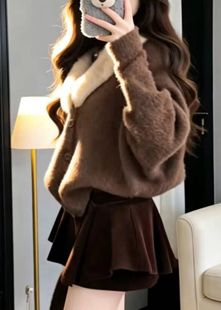 Modern Coffee Furry Collar Knit Cardigan And Skirt Two Piece Set Fall