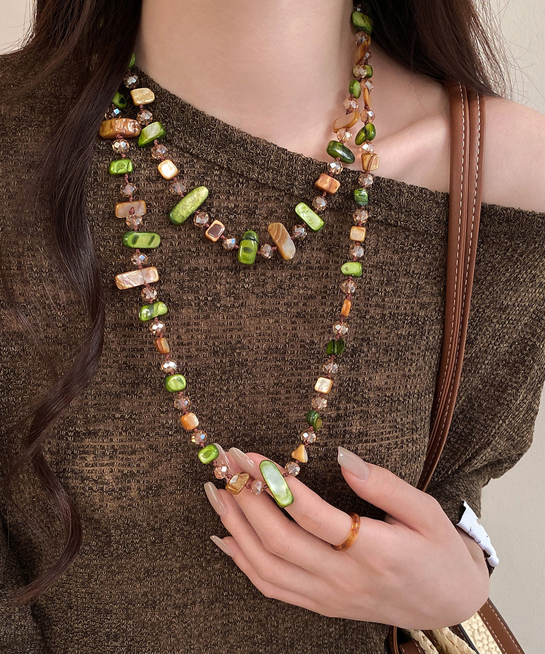 Modern Coffee Green Alloy Shell Natural Stone Sweater Gratuated Bead Necklace