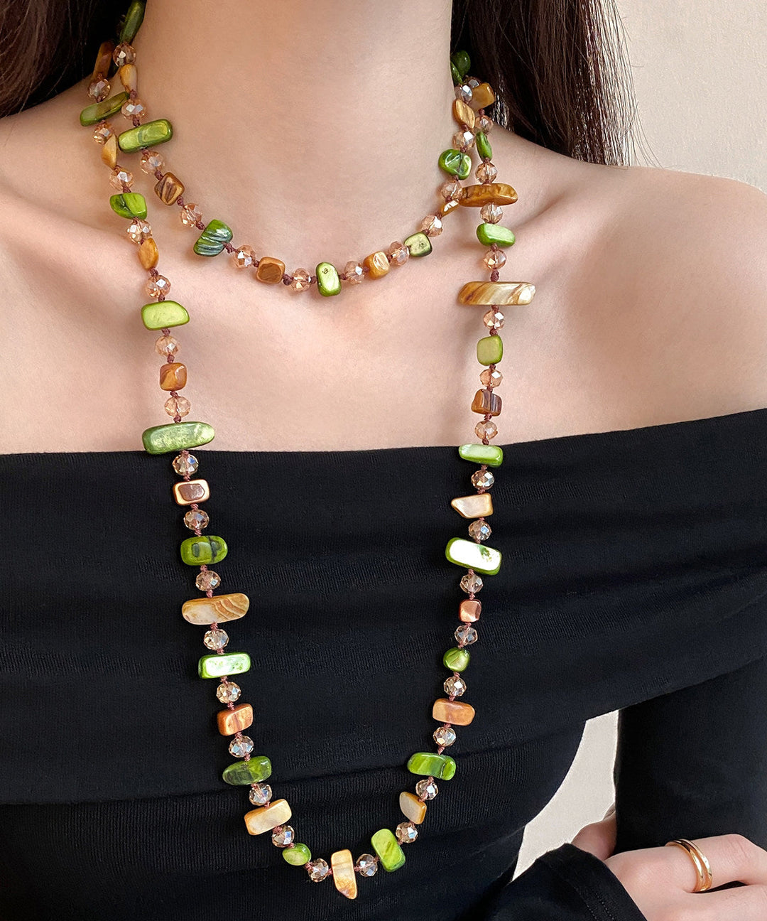 Modern Coffee Green Alloy Shell Natural Stone Sweater Gratuated Bead Necklace