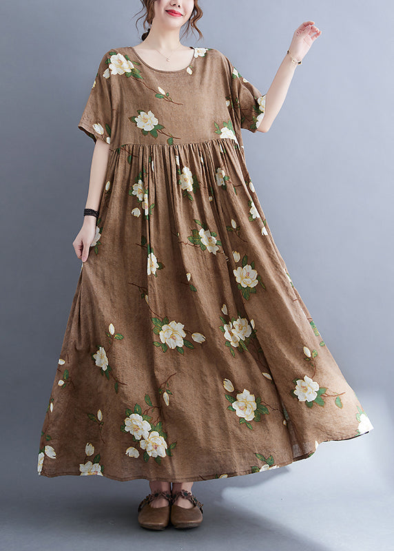 Modern Coffee O-Neck Print Long Dress Summer