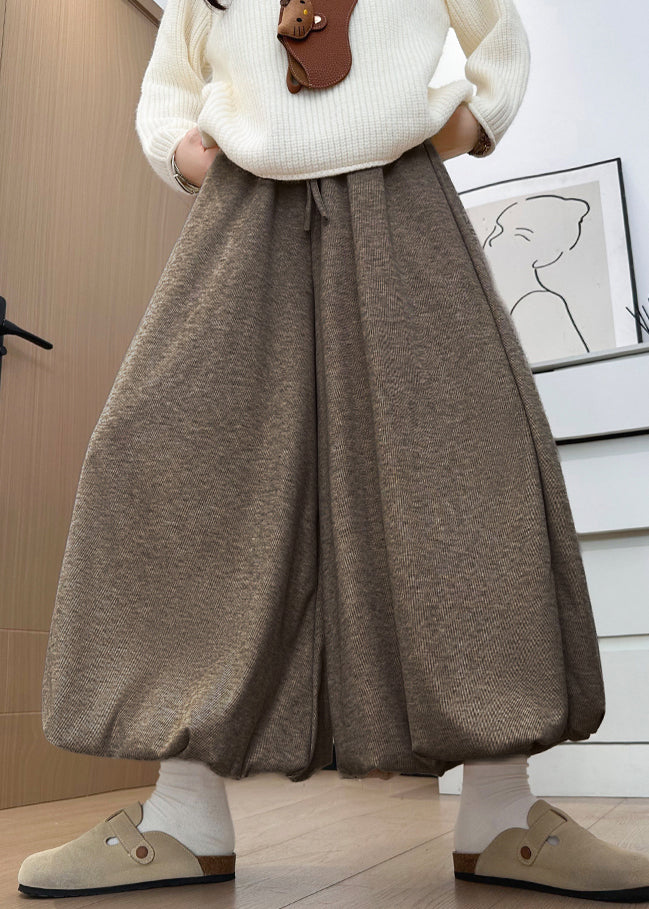 Modern Coffee Pockets Drawstring Cotton Lantern Pants Winter