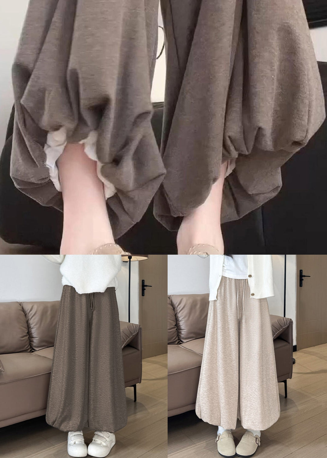 Modern Coffee Pockets Drawstring Cotton Lantern Pants Winter