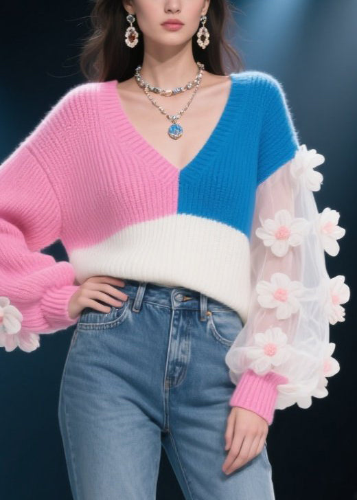Modern Colorblock Asymmetrical Floral Patchwork Knit Sweater Fall