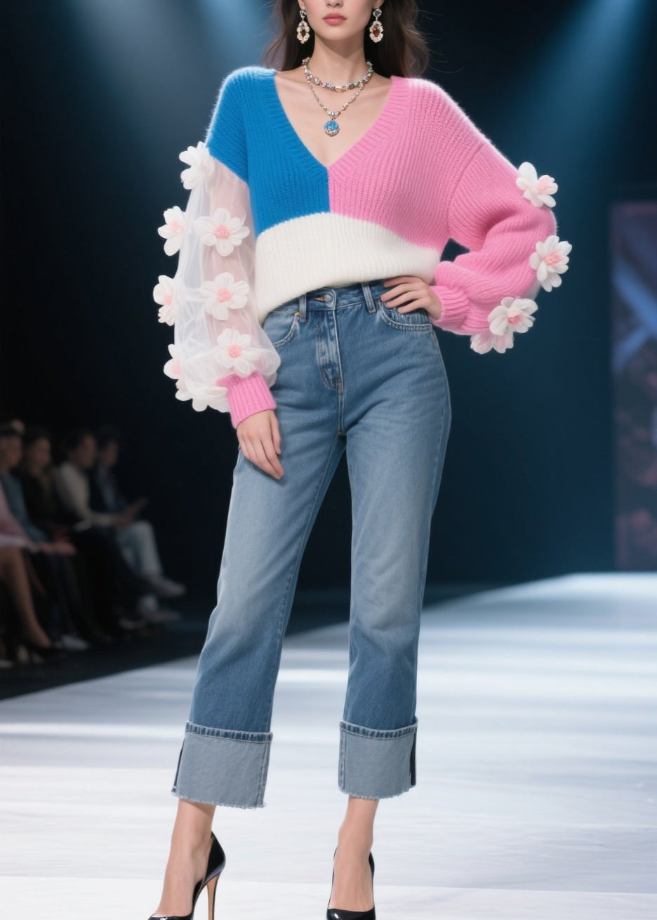 Modern Colorblock Asymmetrical Floral Patchwork Knit Sweater Fall