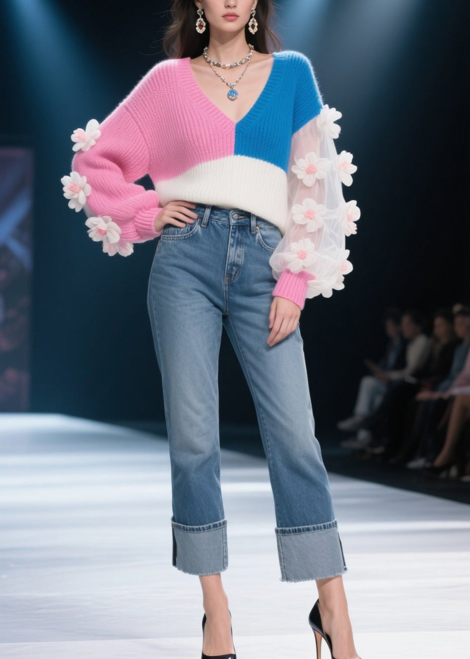Modern Colorblock Asymmetrical Floral Patchwork Knit Sweater Fall