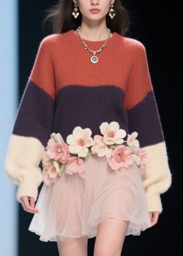 Modern Colorblock O Neck Tulle Floral Knit Dress Fall
