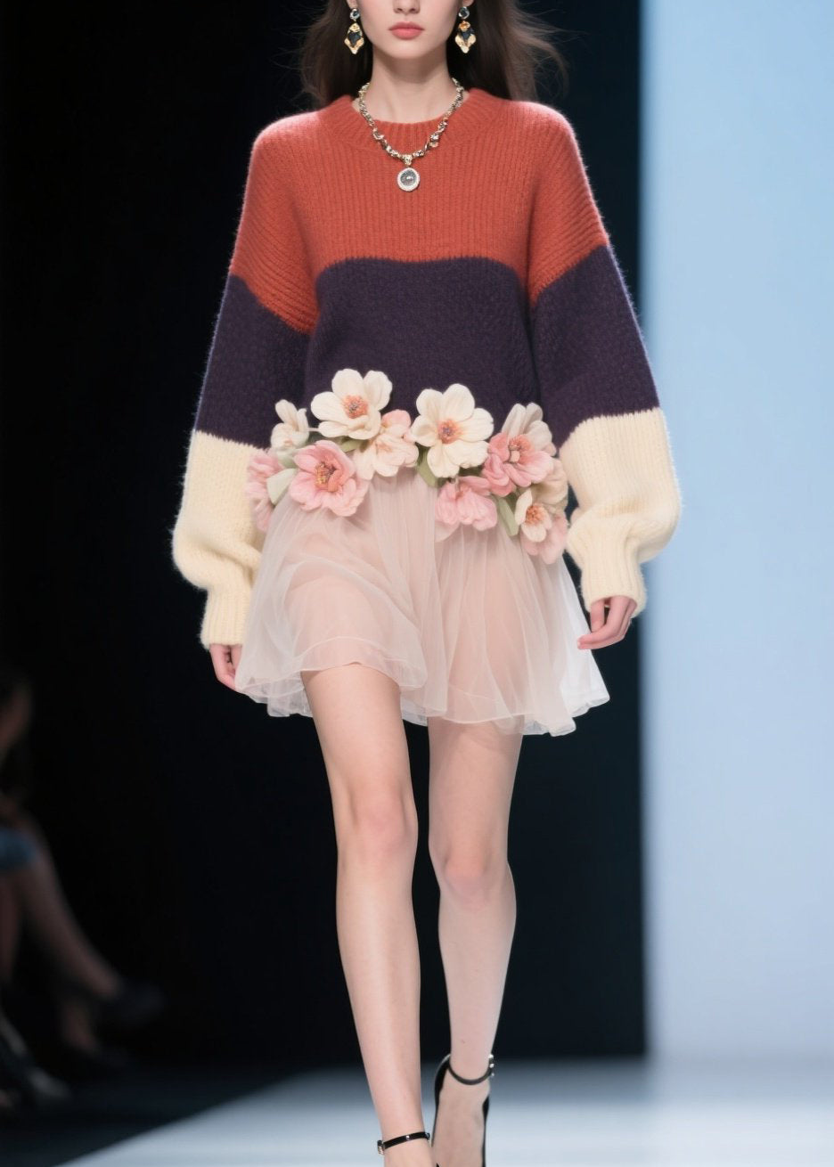 Modern Colorblock O Neck Tulle Floral Knit Dress Fall