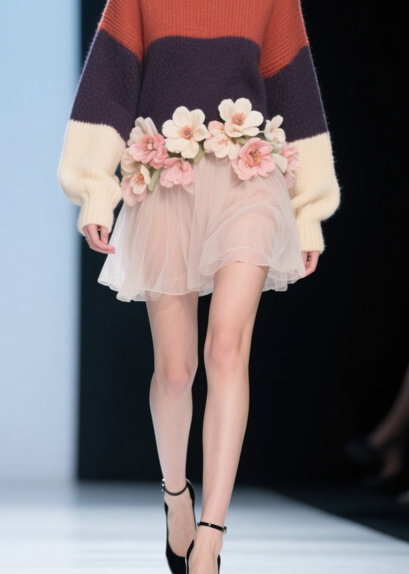 Modern Colorblock O Neck Tulle Floral Knit Dress Fall