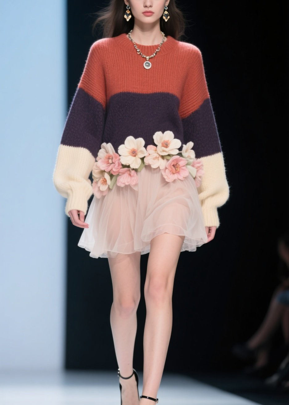 Modern Colorblock O Neck Tulle Floral Knit Dress Fall