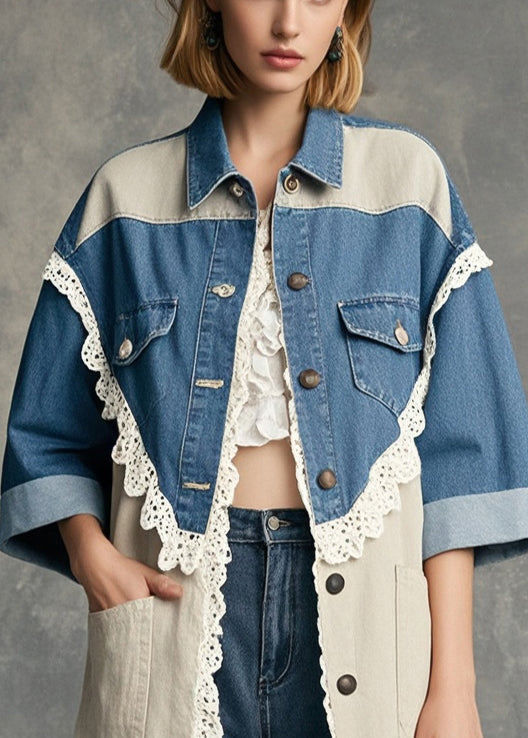 Modern Colorblock Oversized Lace Patchwork Denim Coat Half Sleeve - Omychic