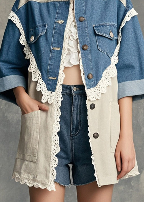 Modern Colorblock Oversized Lace Patchwork Denim Coat Half Sleeve - Omychic