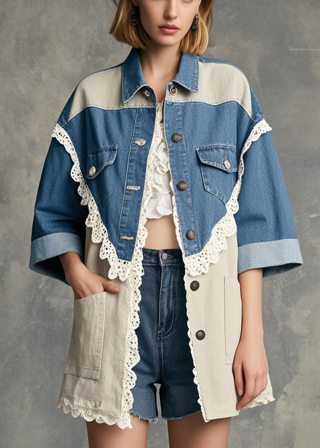 Modern Colorblock Oversized Lace Patchwork Denim Coat Half Sleeve - Omychic