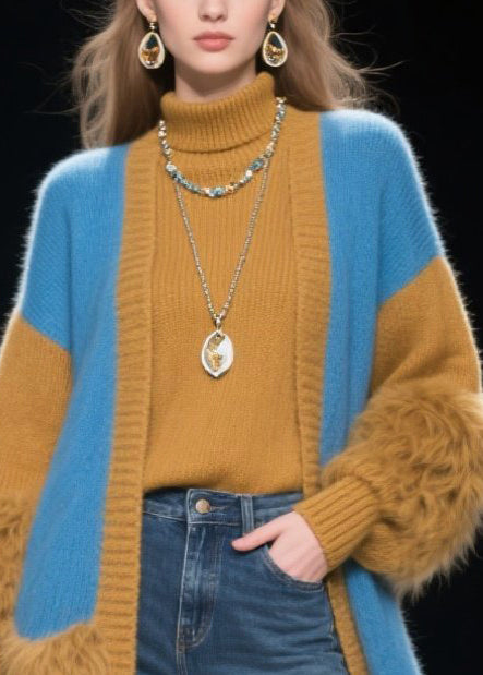 Modern Colorblock Oversized Patchwork Faux Fur Knit Cardigans Winter