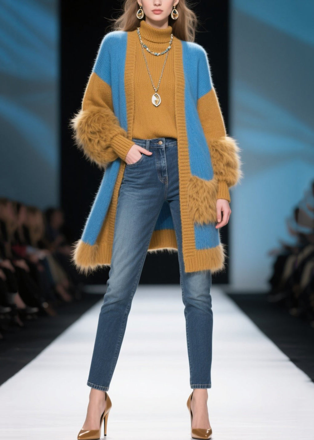Modern Colorblock Oversized Patchwork Faux Fur Knit Cardigans Winter