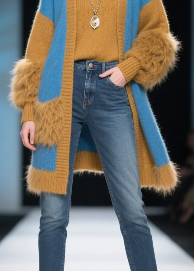 Modern Colorblock Oversized Patchwork Faux Fur Knit Cardigans Winter