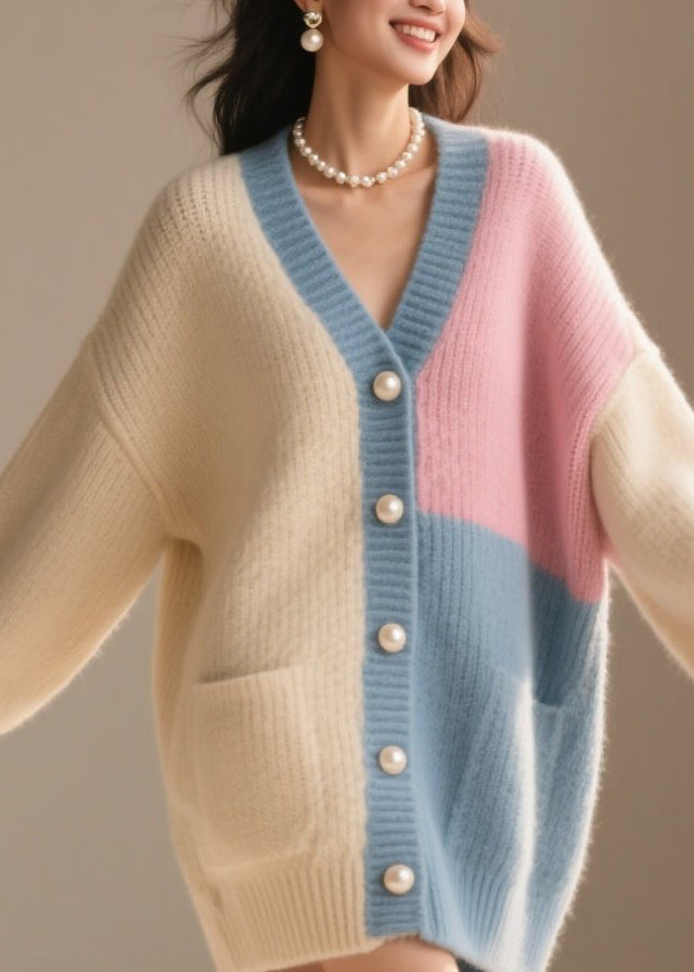 Modern Colorblock V Neck Pockets Patchwork Knit Loose Coat Fall
