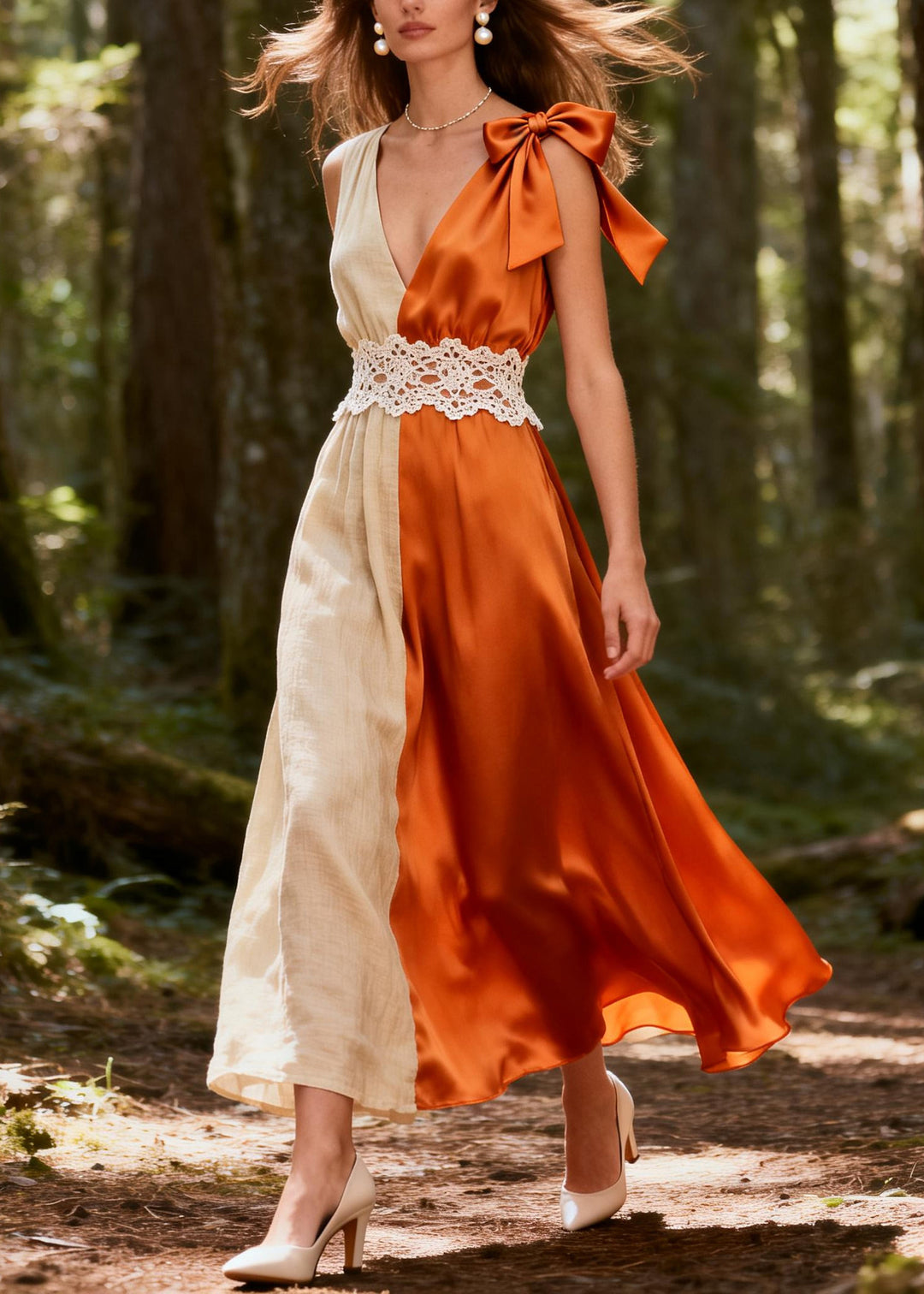 Modern ColorblockC Asymmetrical Patchwork Linen Silk Ankle Dresses Summer