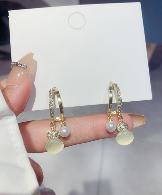 Modern Copper Alloy Zircon Pearl Cat's Eye Stone Drop Earrings