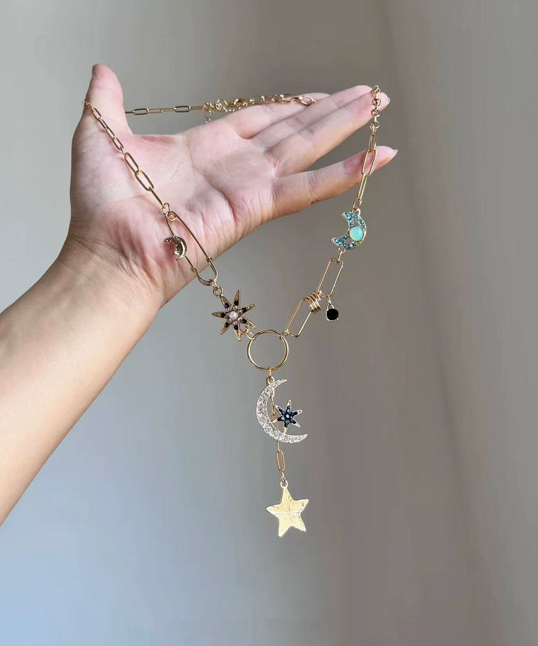 Modern Copper Zircon Stars And Moon Pendant Necklace