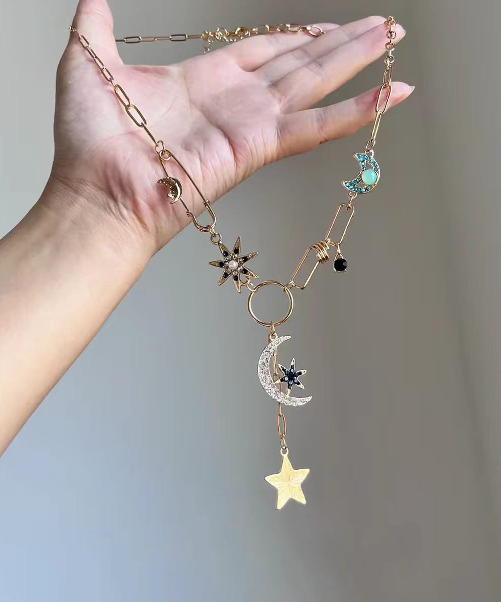 Modern Copper Zircon Stars And Moon Pendant Necklace