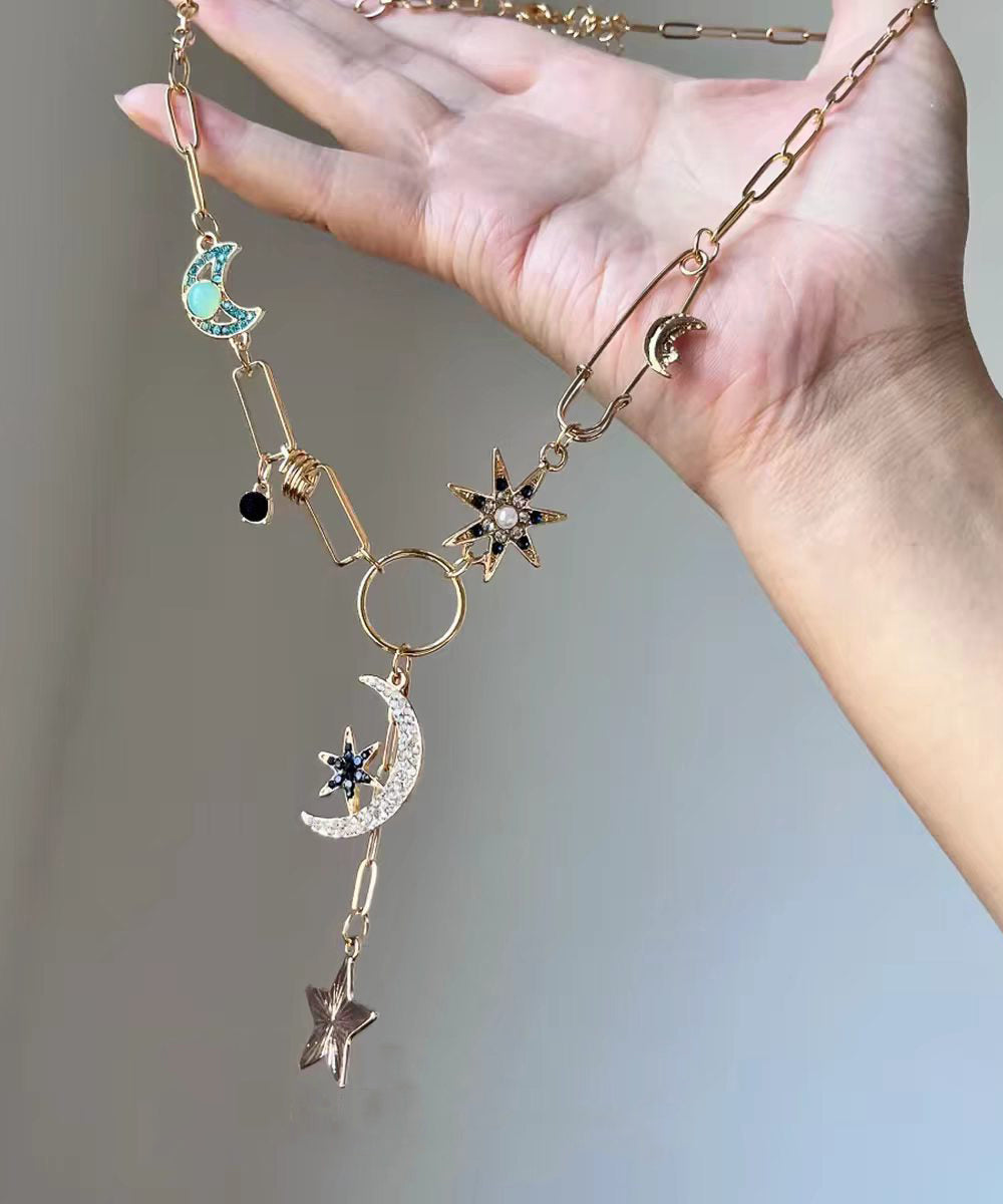 Modern Copper Zircon Stars And Moon Pendant Necklace