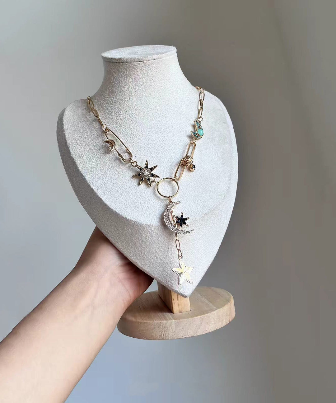 Modern Copper Zircon Stars And Moon Pendant Necklace