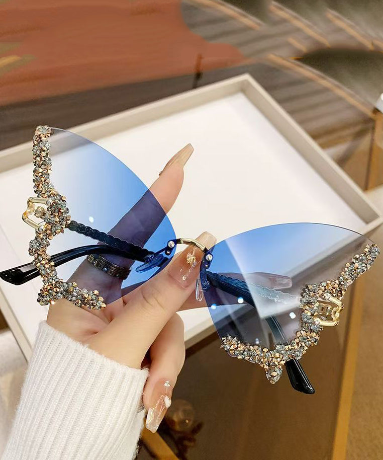 Modern Dark Grey Metal Zircon Butterfly UV Protection Sunglasses