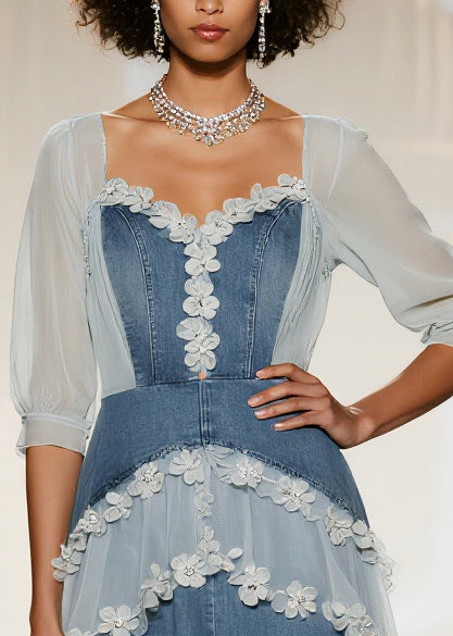 Modern Denim Blue Flower Patchwork Tulle Maxi Dresses Summer