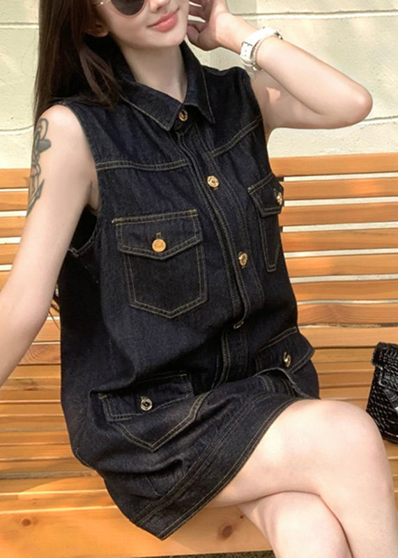 Modern Denim Blue Peter Pan Collar Patchwork Pockets Mid Dress Sleeveless