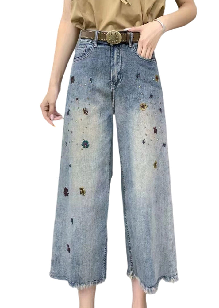Modern Denim Blue Pockets High Waist Crop Wide Leg Pants Summer