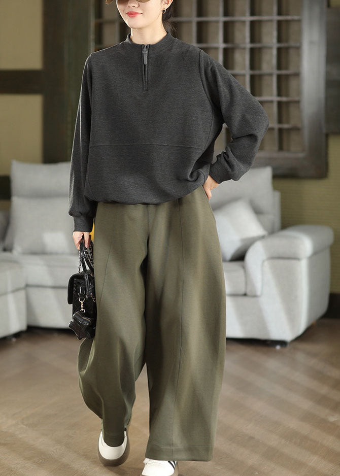 Modern Dull Green Elastic Waist Cotton Straight Pants Fall