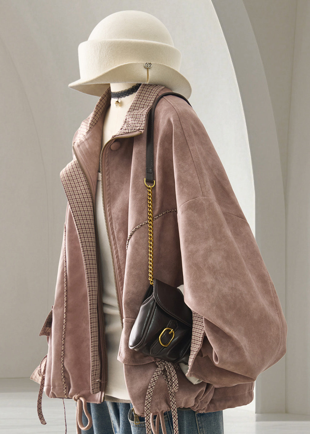 Modern Dusty Pink Drawstring Plaid Patchwork Faux Leather Jacket Fall