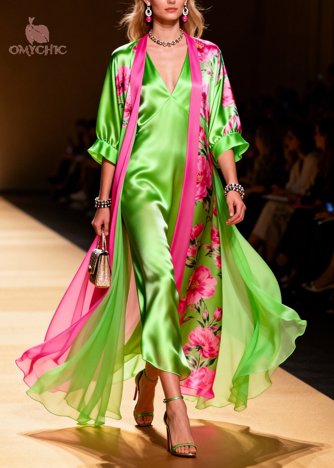 Modern Fluorescent Green Print Draping Silk Dress Two Pieces Set Summer