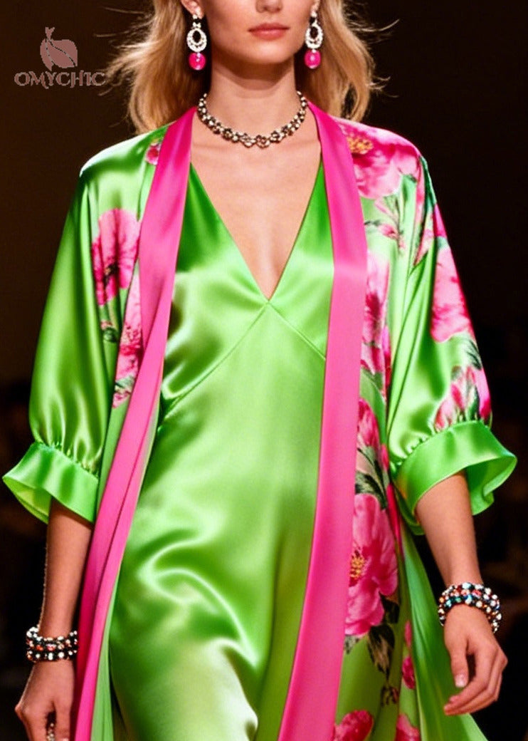Modern Fluorescent Green Print Draping Silk Dress Two Pieces Set Summer