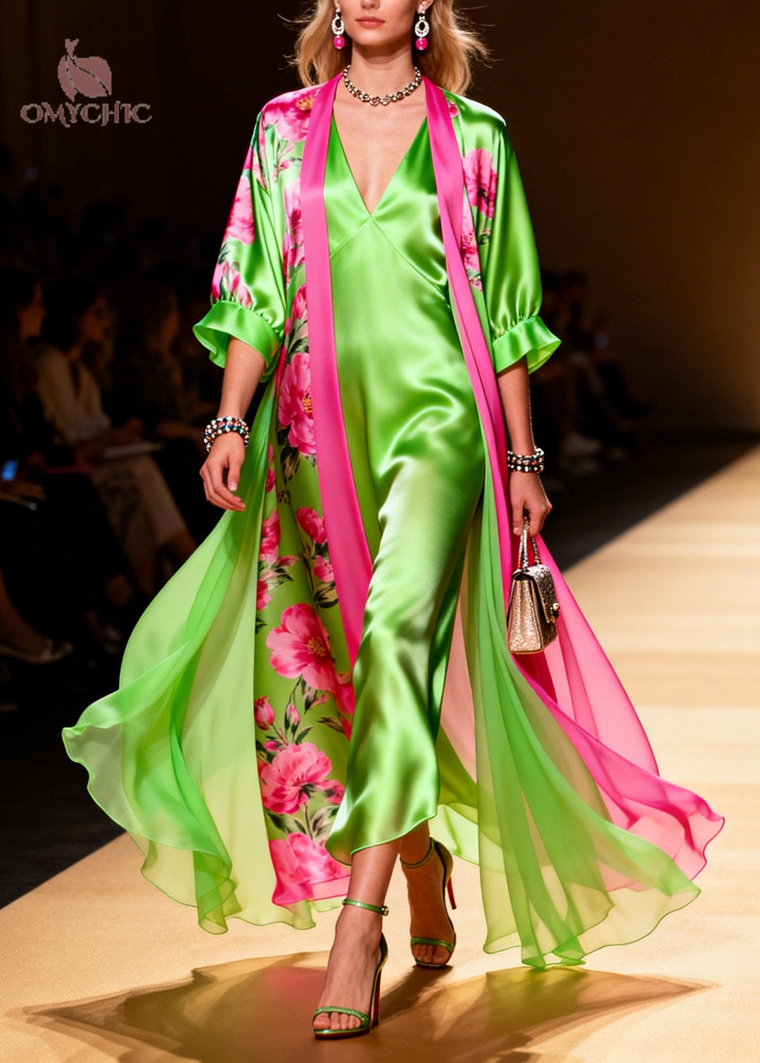 Modern Fluorescent Green Print Draping Silk Dress Two Pieces Set Summer