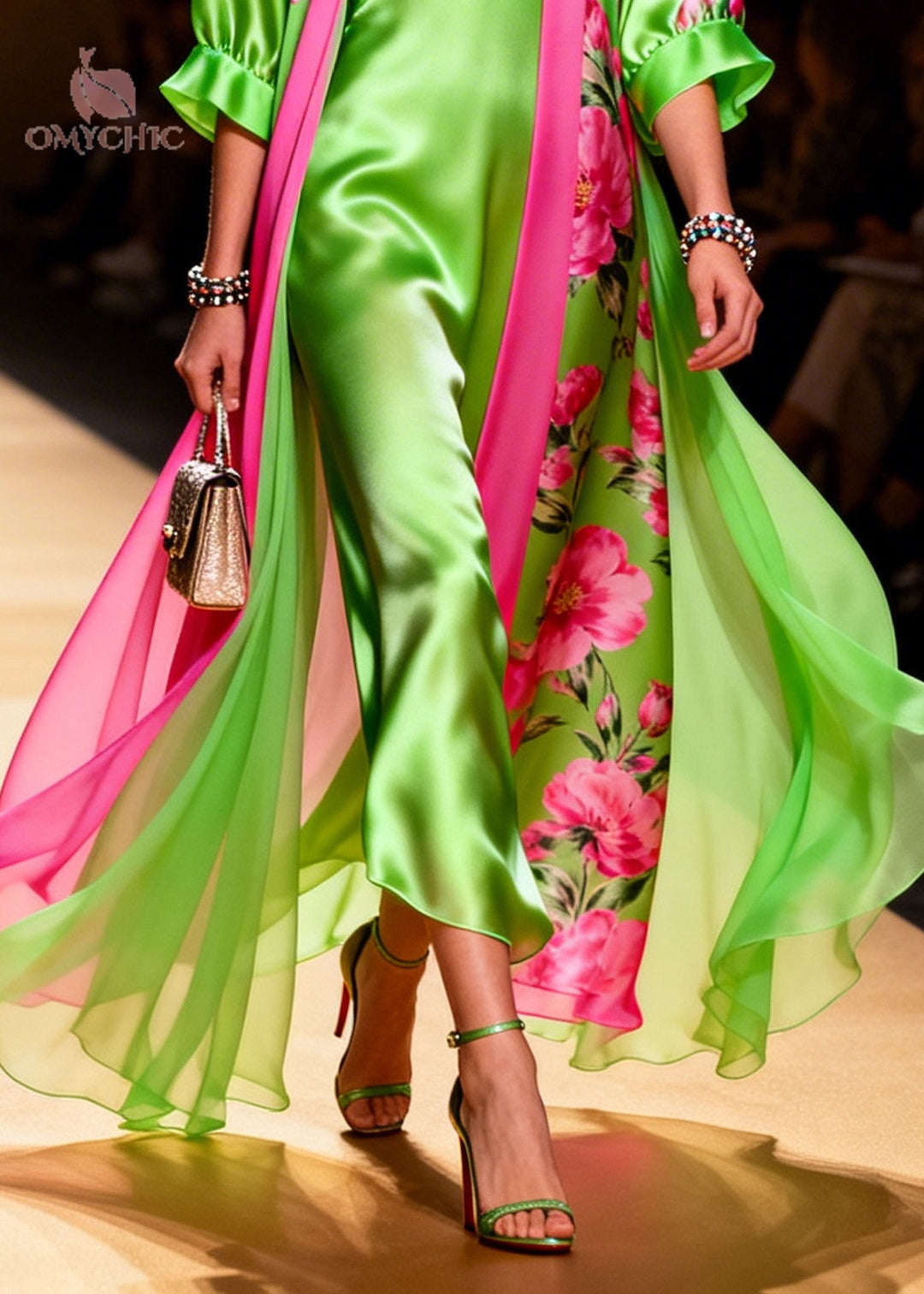 Modern Fluorescent Green Print Draping Silk Dress Two Pieces Set Summer