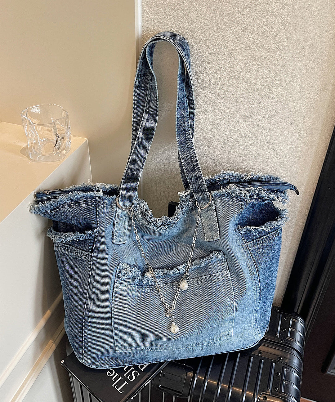 Modern Fringe Trim Chain Linked Denim Shoulder Bags