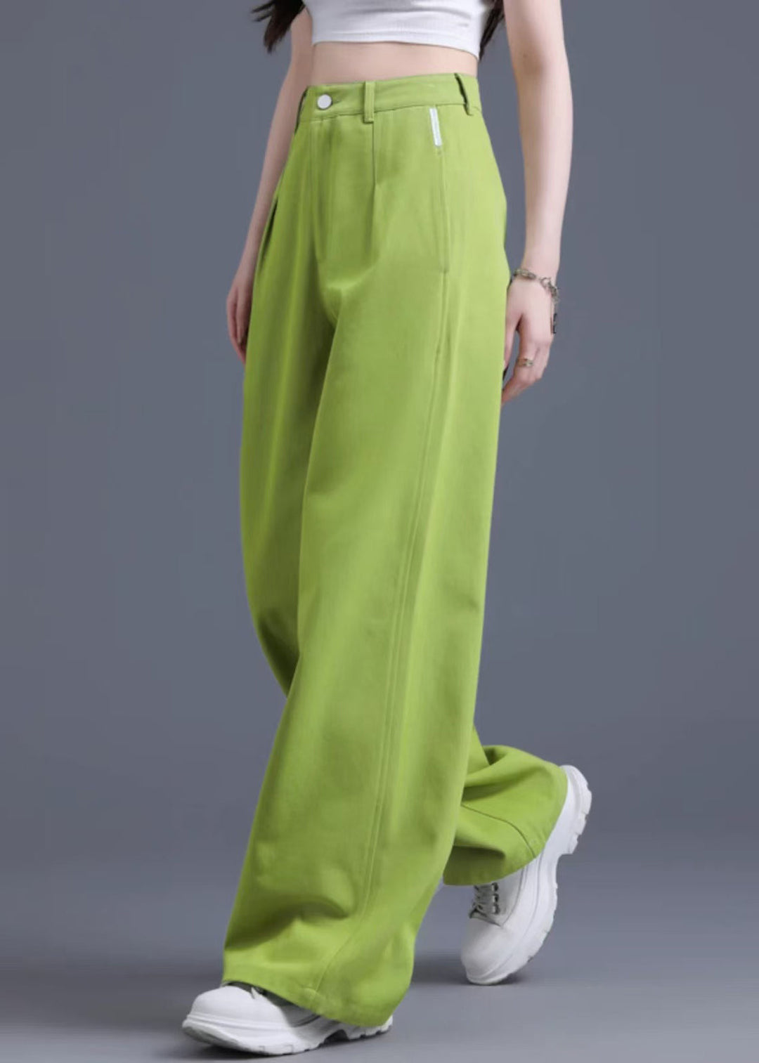 Modern Fruit Green High Waist Cotton Wide Leg Pants Spring