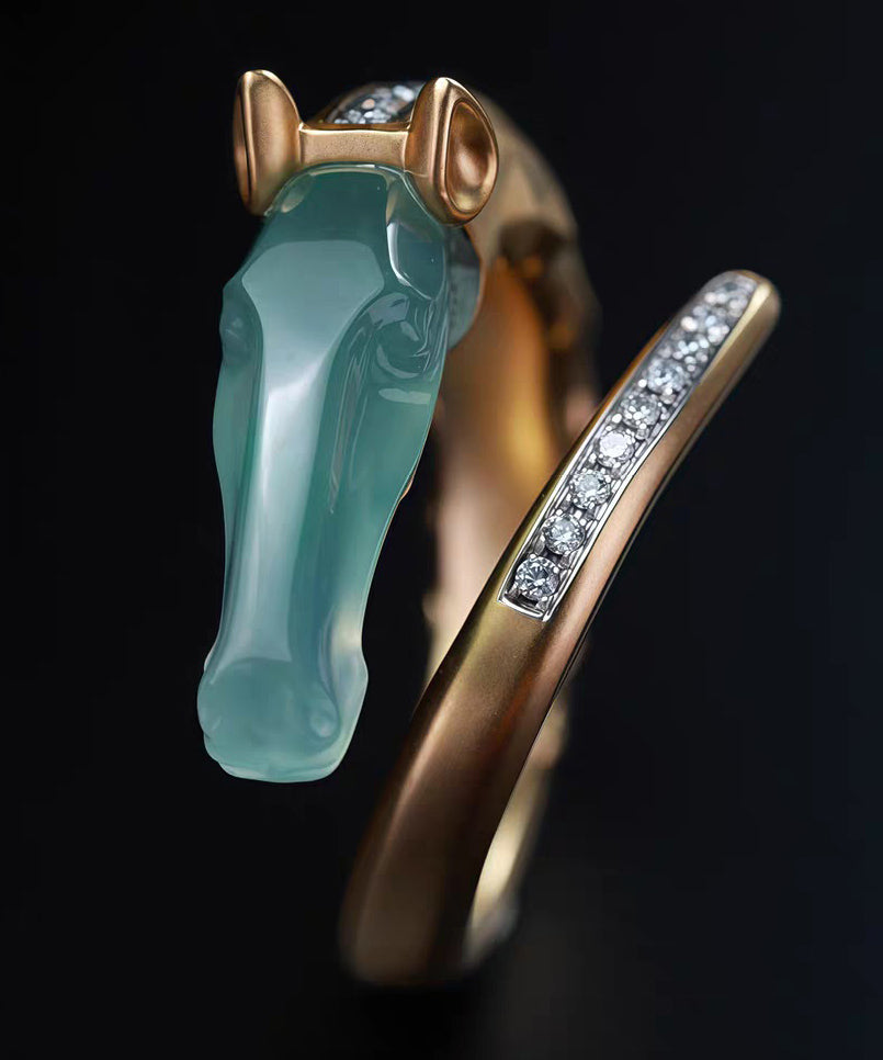 Modern Gold Asymmetric Zircon Copper Rings Jade Horse Head - Omychic