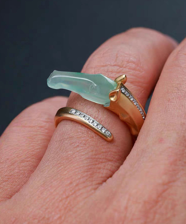 Modern Gold Asymmetric Zircon Copper Rings Jade Horse Head - Omychic