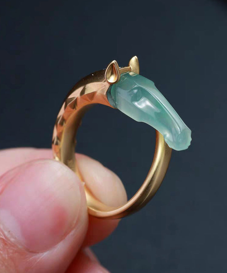 Modern Gold Asymmetric Zircon Copper Rings Jade Horse Head - Omychic