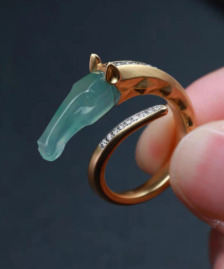 Modern Gold Asymmetric Zircon Copper Rings Jade Horse Head - Omychic